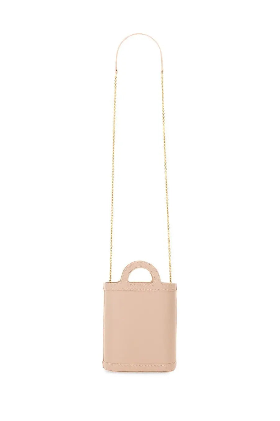 A blush-pink leather mini tote bag with gold chain strap and top handle from Marni women’s Tropicalia Nano Bag Blue collection