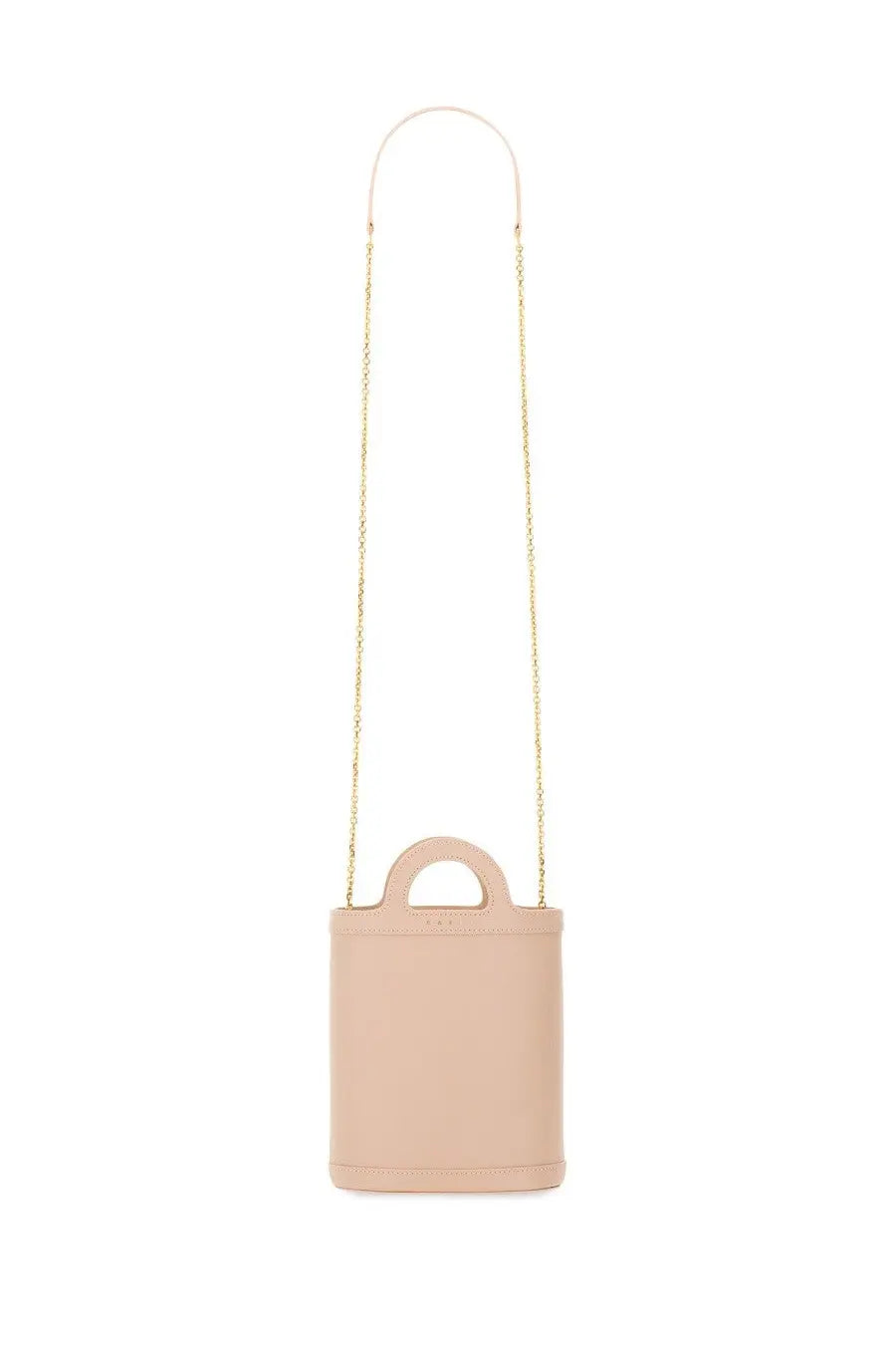 A blush-pink leather mini tote bag with gold chain strap and minimalist handle, Marni Women’s Tropicalia Nano Bag Blue