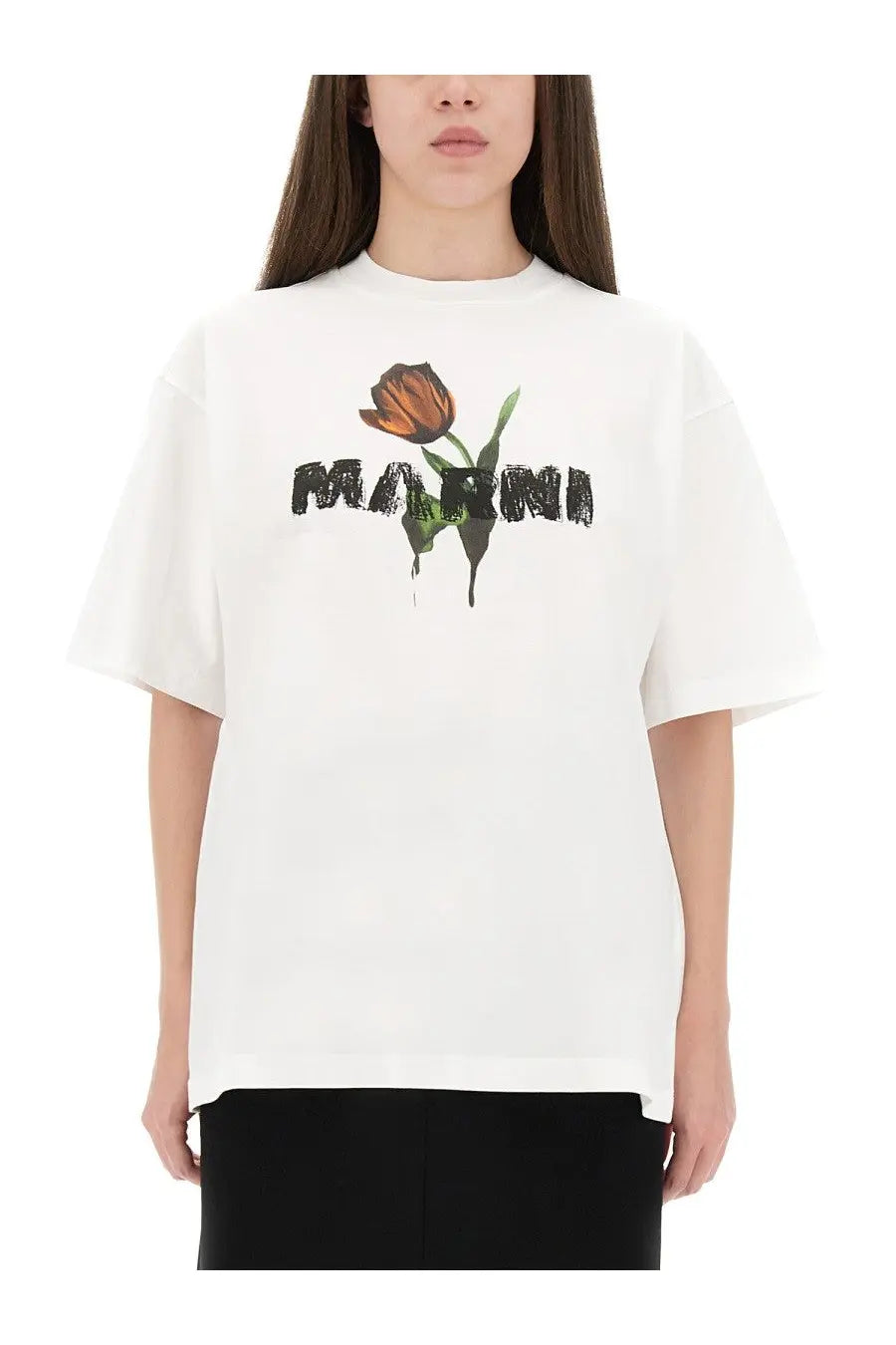 Marni women’s white cotton oversized t-shirt with bold orange tulip graphic and black marni lettering on front