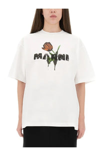 Marni women’s white cotton oversized t-shirt with bold orange tulip graphic and black marni lettering on front