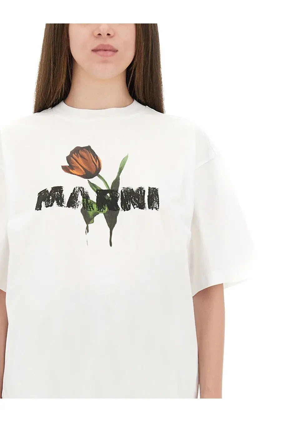 Marni womens white cotton oversized t shirt with orange tulip graphic and black distressed marni lettering on front