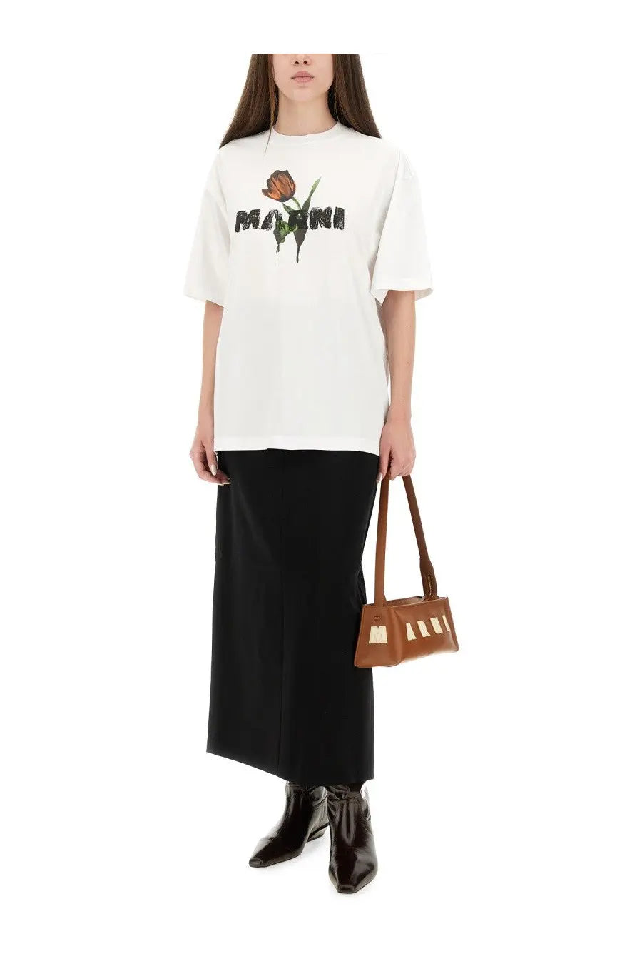 Marni women’s white cotton oversized t-shirt with printed orange tulip and marni text across the chest