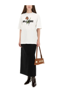 Marni women’s white cotton oversized t-shirt with printed orange tulip and marni text across the chest