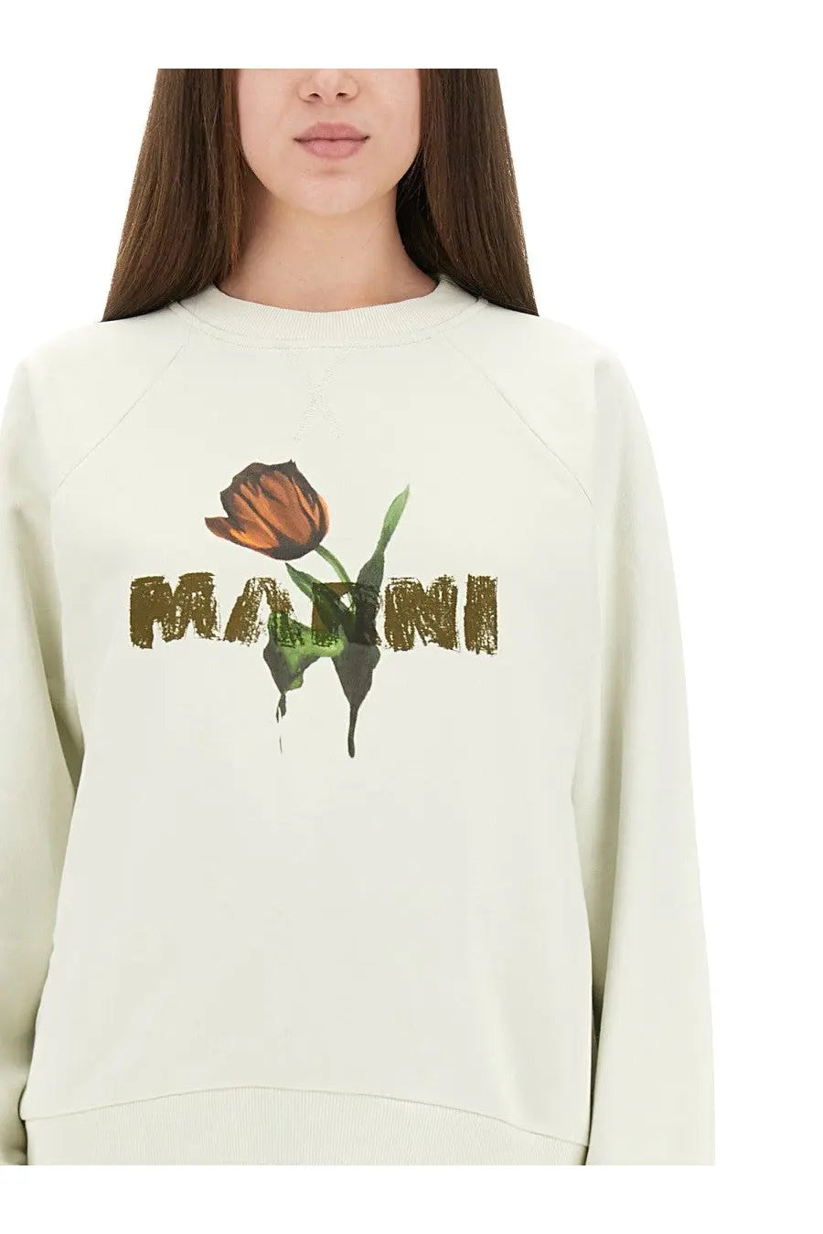 Off-white cotton sweatshirt featuring an orange tulip graphic and gold marni lettering for women