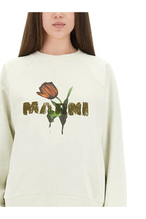 Off-white cotton sweatshirt featuring an orange tulip graphic and gold marni lettering for women