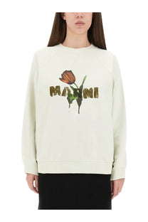 Cream-colored Marni women’s cotton sweatshirt featuring an orange tulip graphic and distressed gold brand name