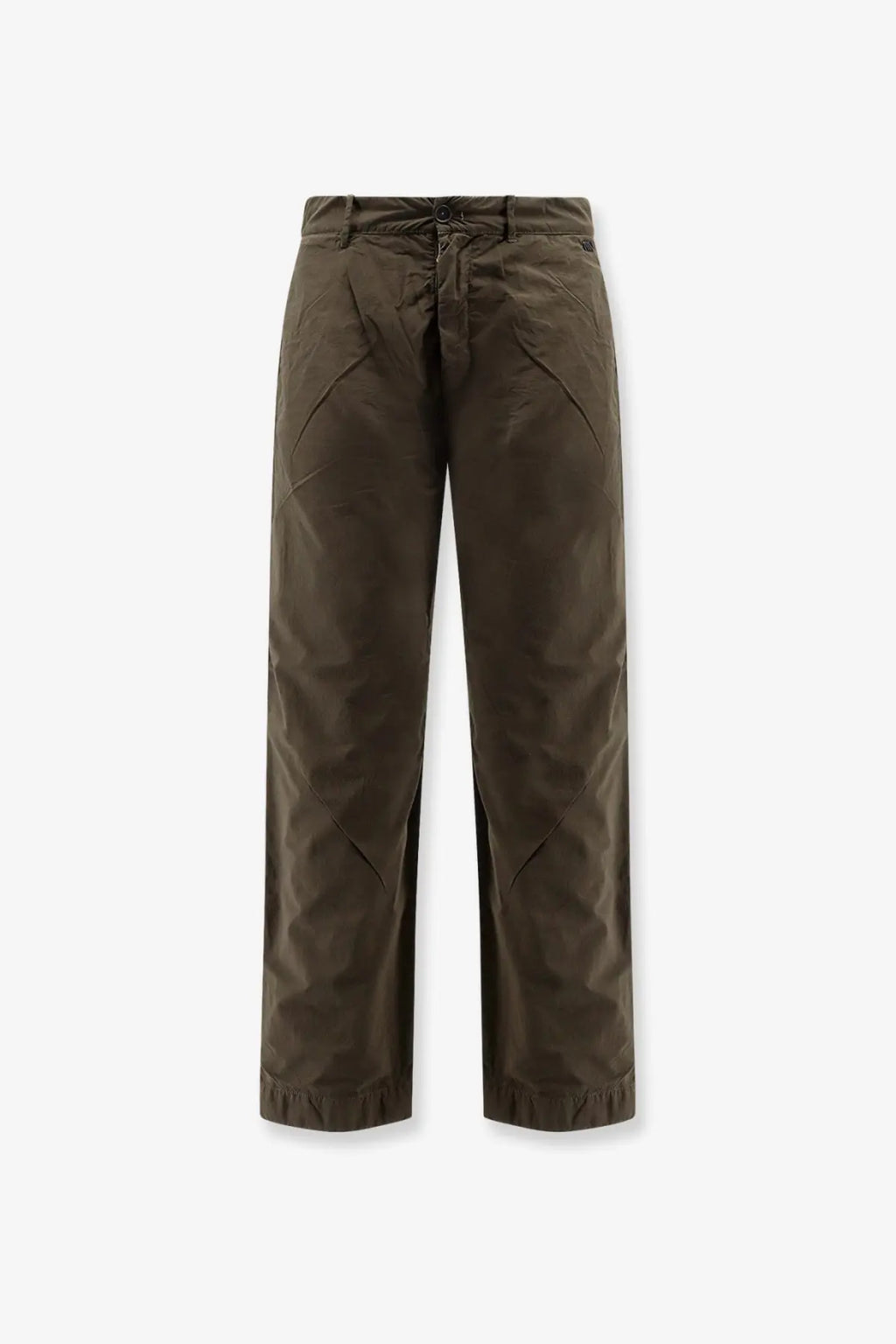 Massimo Osti men’s dark olive green straight-leg nylon trousers with subtle texture and reinforced stitching at seams