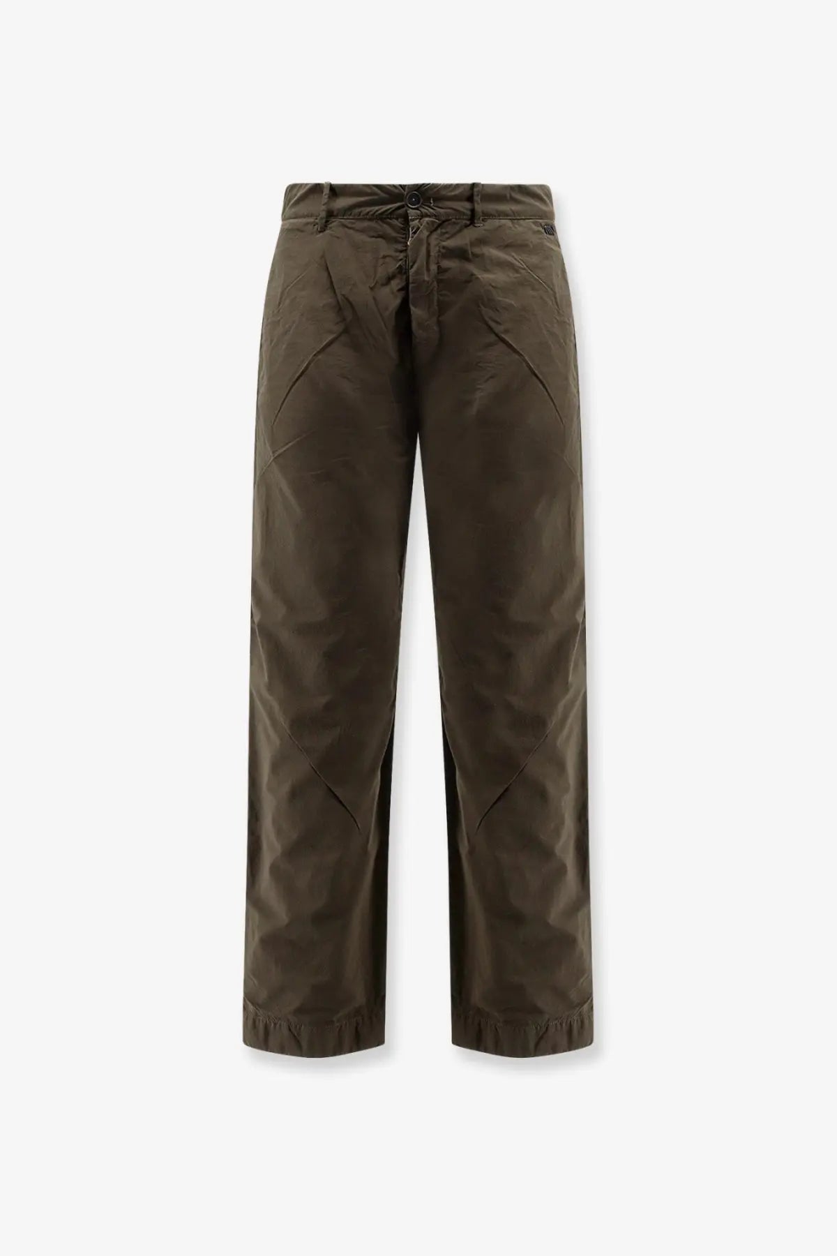 Massimo Osti men’s dark olive green straight-leg nylon trousers with subtle texture and reinforced stitching at seams