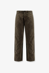 Massimo Osti men’s dark olive green straight-leg nylon trousers with subtle texture and reinforced stitching at seams
