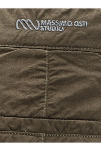 Olive green quilted jacket with silver embroidered massimo osti studio logo paired with brown nylon trousers