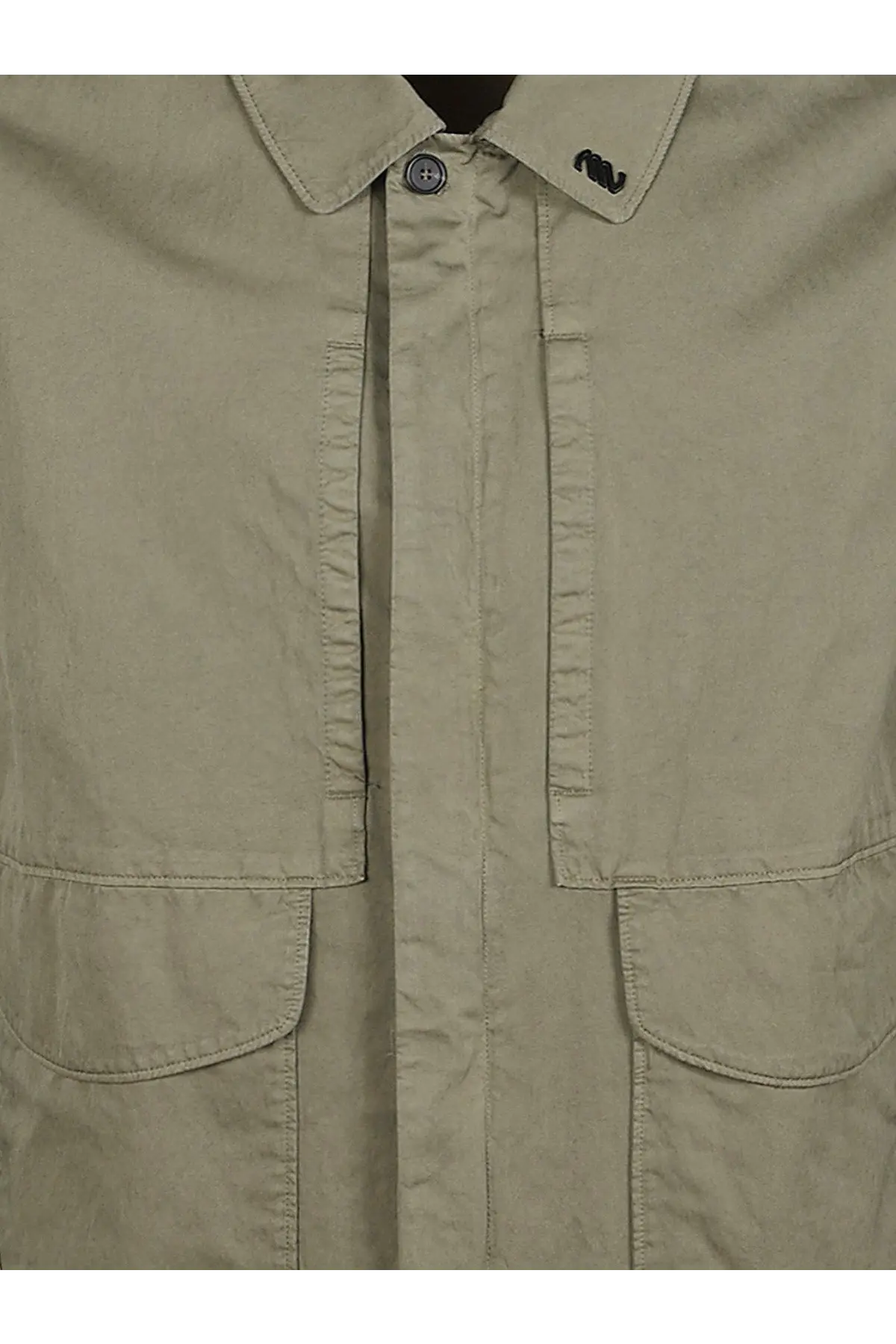 Massimo Osti men’s beige cotton blend overshirt with button-up front two pockets and black whale logo on collar