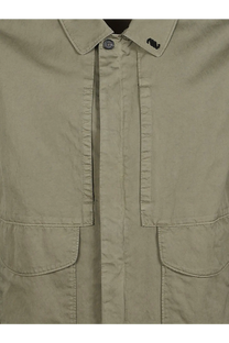 Massimo Osti men’s beige cotton blend overshirt with button-up front two pockets and black whale logo on collar