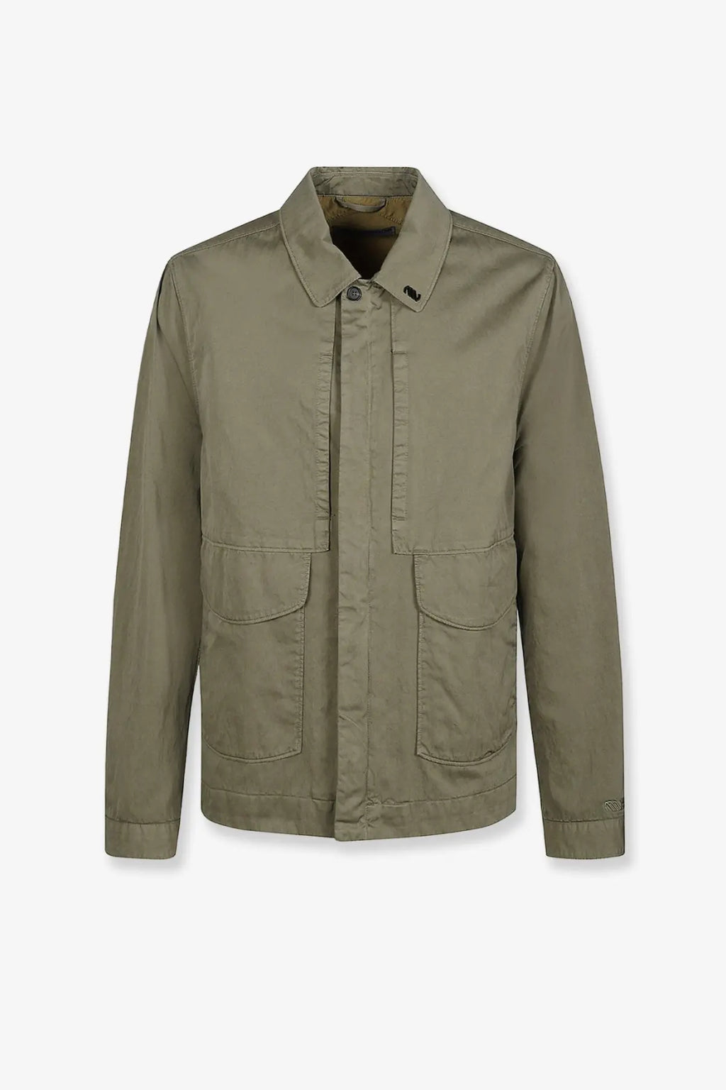 Massimo Osti men’s olive green cotton blend utility jacket with two front patch pockets and buttoned collar