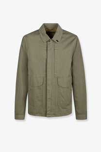 Massimo Osti men’s olive green cotton blend utility jacket with two front patch pockets and buttoned collar