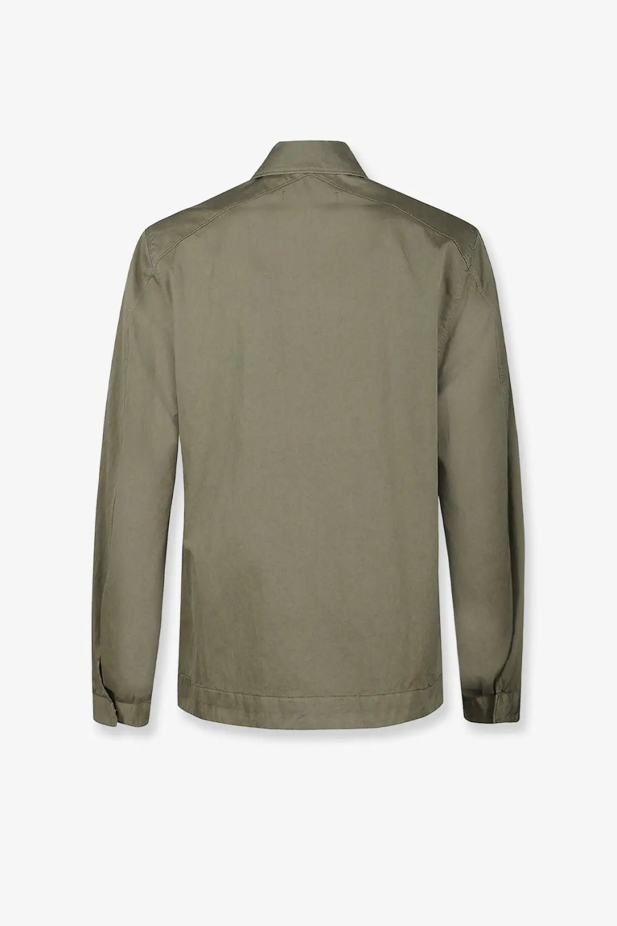 Massimo Osti men’s olive green long-sleeved overshirt jacket with structured collar and subtle stitching in cotton blend