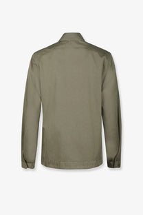 Massimo Osti men’s olive green long-sleeved overshirt jacket with structured collar and subtle stitching in cotton blend
