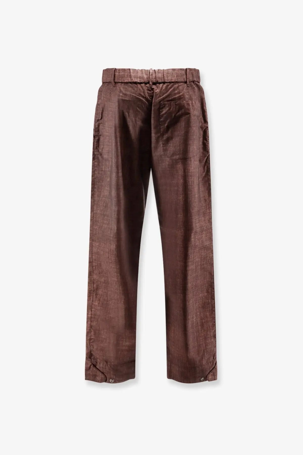 Massimo Osti men’s wool brown trousers with a subtle pattern and elastic waistband visible from the front