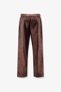 Massimo Osti men’s wool brown trousers with a subtle pattern and elastic waistband visible from the front