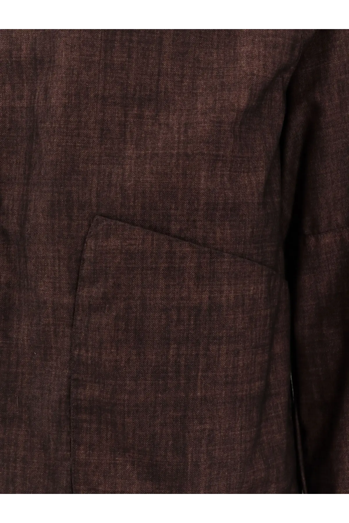 Massimo Osti men’s dark brown wool jacket with textured linen fabric and subtle woven pattern featuring a stitched pocket
