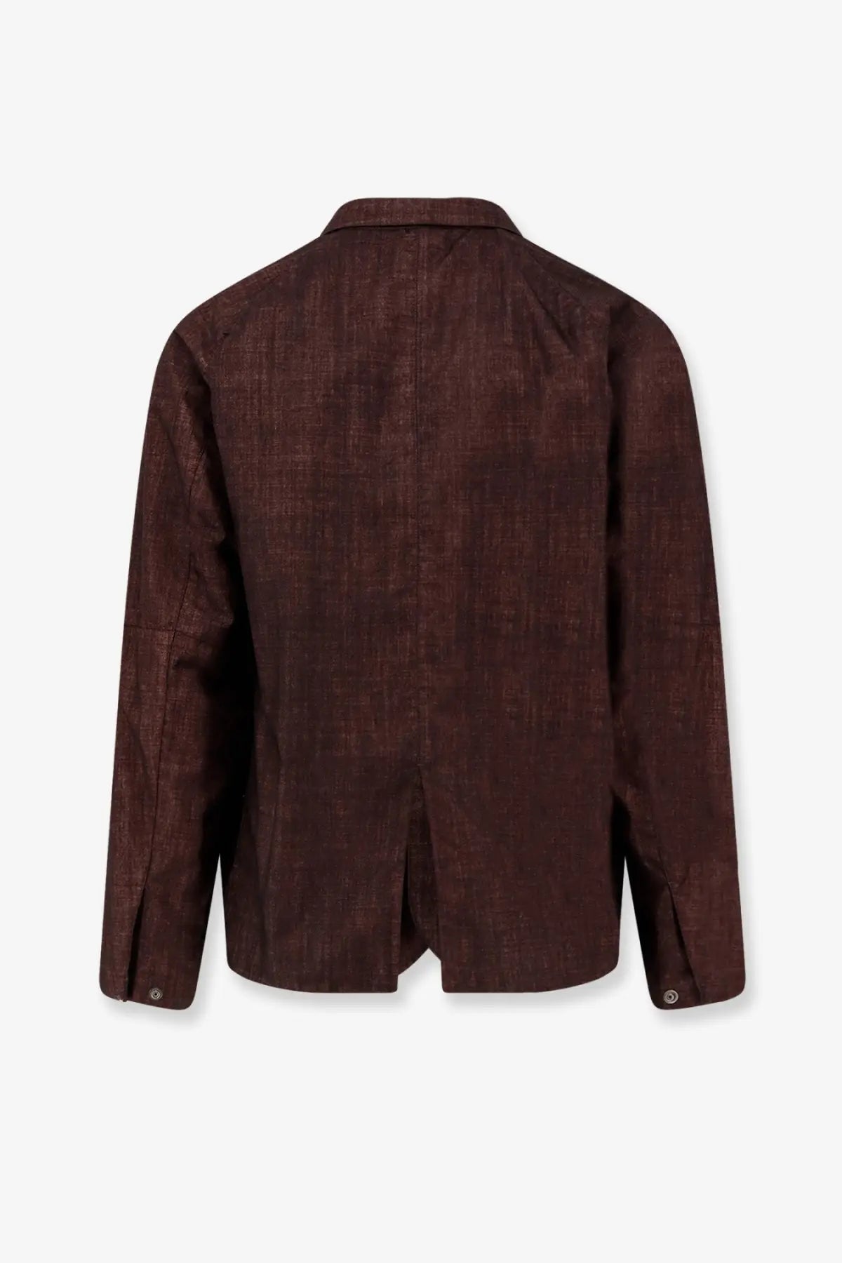 Massimo Osti men’s wool jacket in dark brown linen with textured woven pattern and classic collar