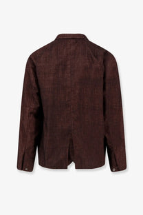 Massimo Osti men’s wool jacket in dark brown linen with textured woven pattern and classic collar