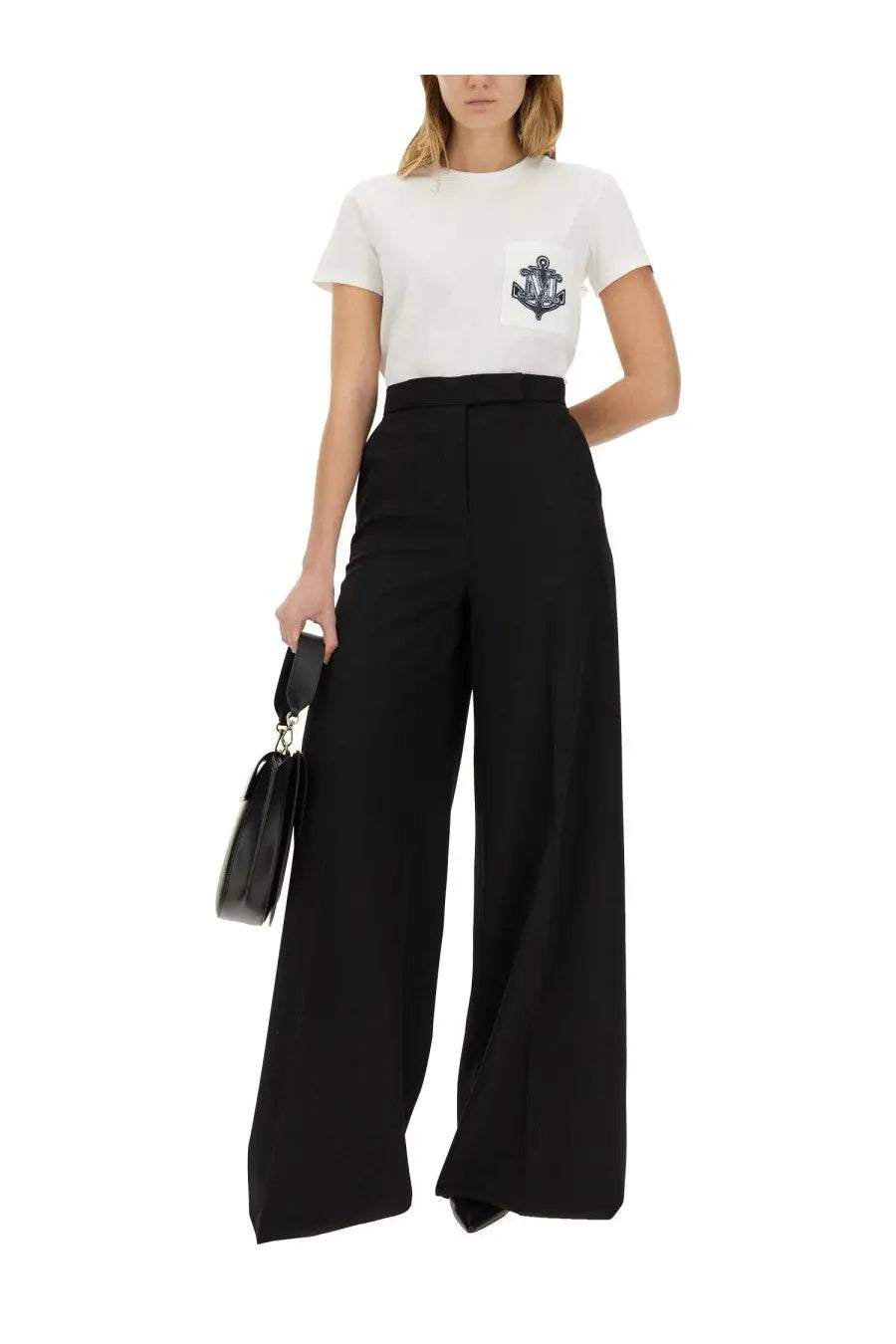 Black wide-leg trousers with high waist and tailored lines paired with max mara women’s acacia shirt white