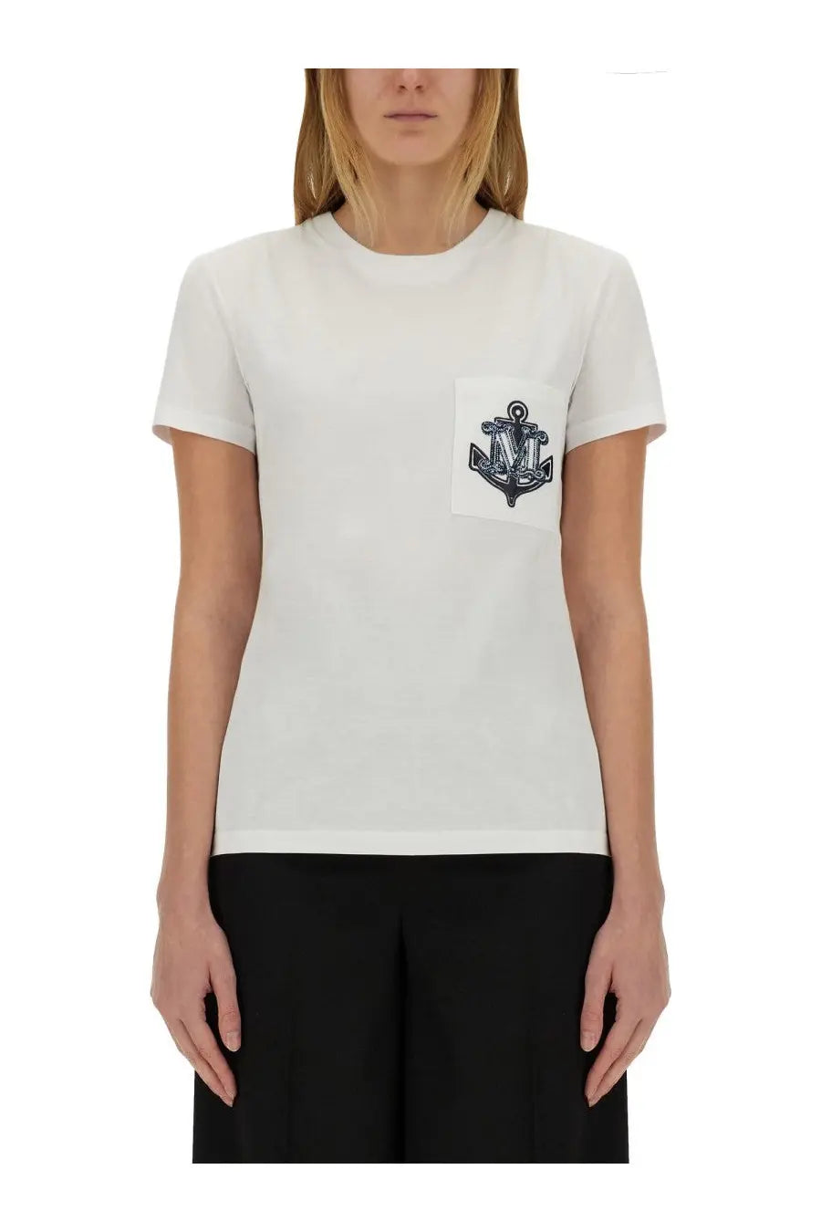 Max Mara women’s Acacia white cotton t-shirt with black embroidered anchor logo on left chest pocket