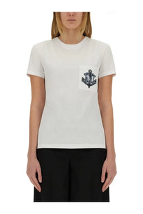 Max Mara women’s Acacia white cotton t-shirt with black embroidered anchor logo on left chest pocket