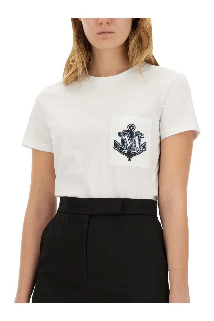 Max Mara women’s Acacia white short-sleeved cotton shirt with black embroidered anchor and m monogram on chest pocket