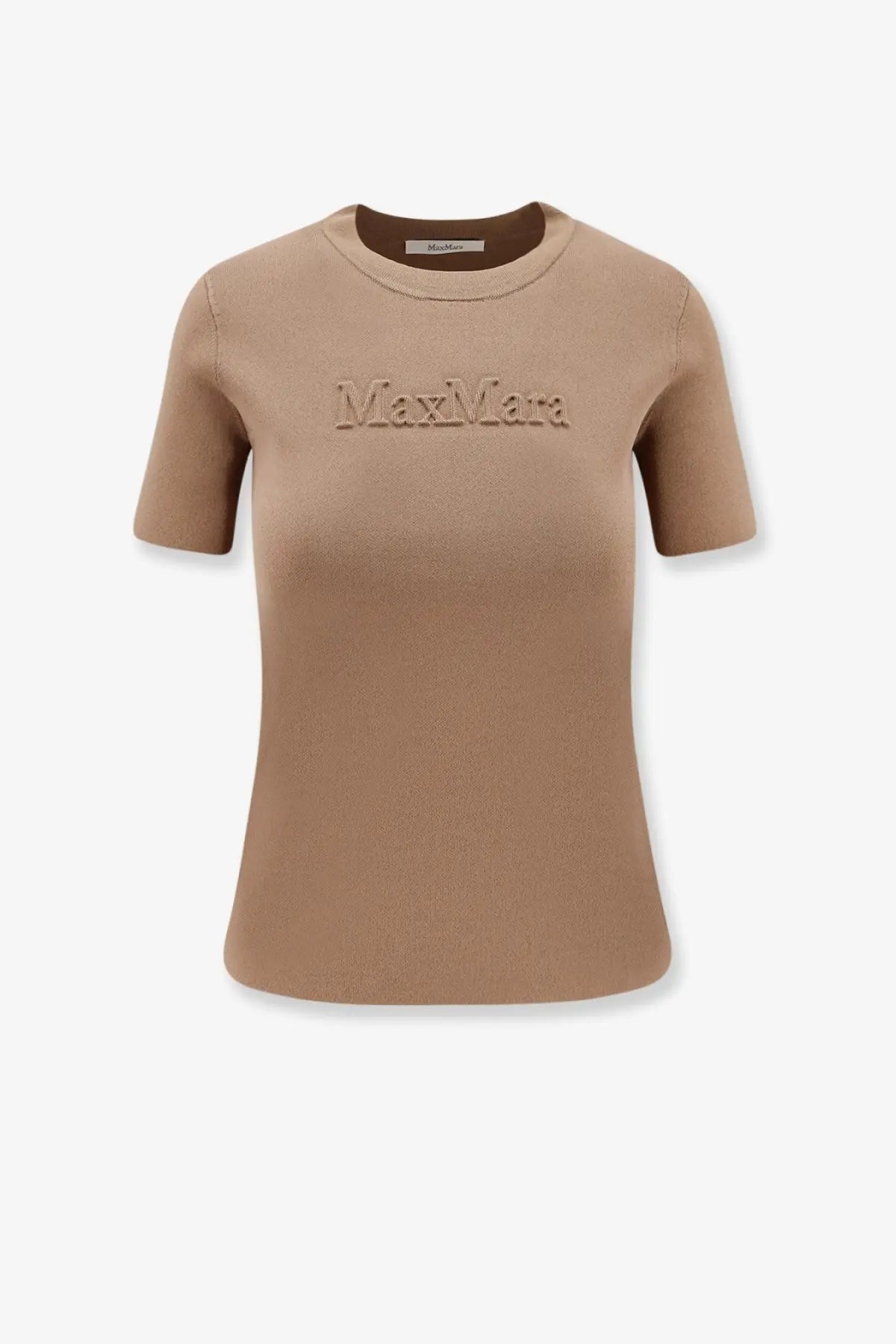 Beige ribbed short sleeve viscose blend t-shirt with embroidered Max Mara logo from Max Mara Women’s Adelio line