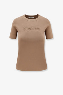 Beige ribbed short sleeve viscose blend t-shirt with embroidered Max Mara logo from Max Mara Women’s Adelio line