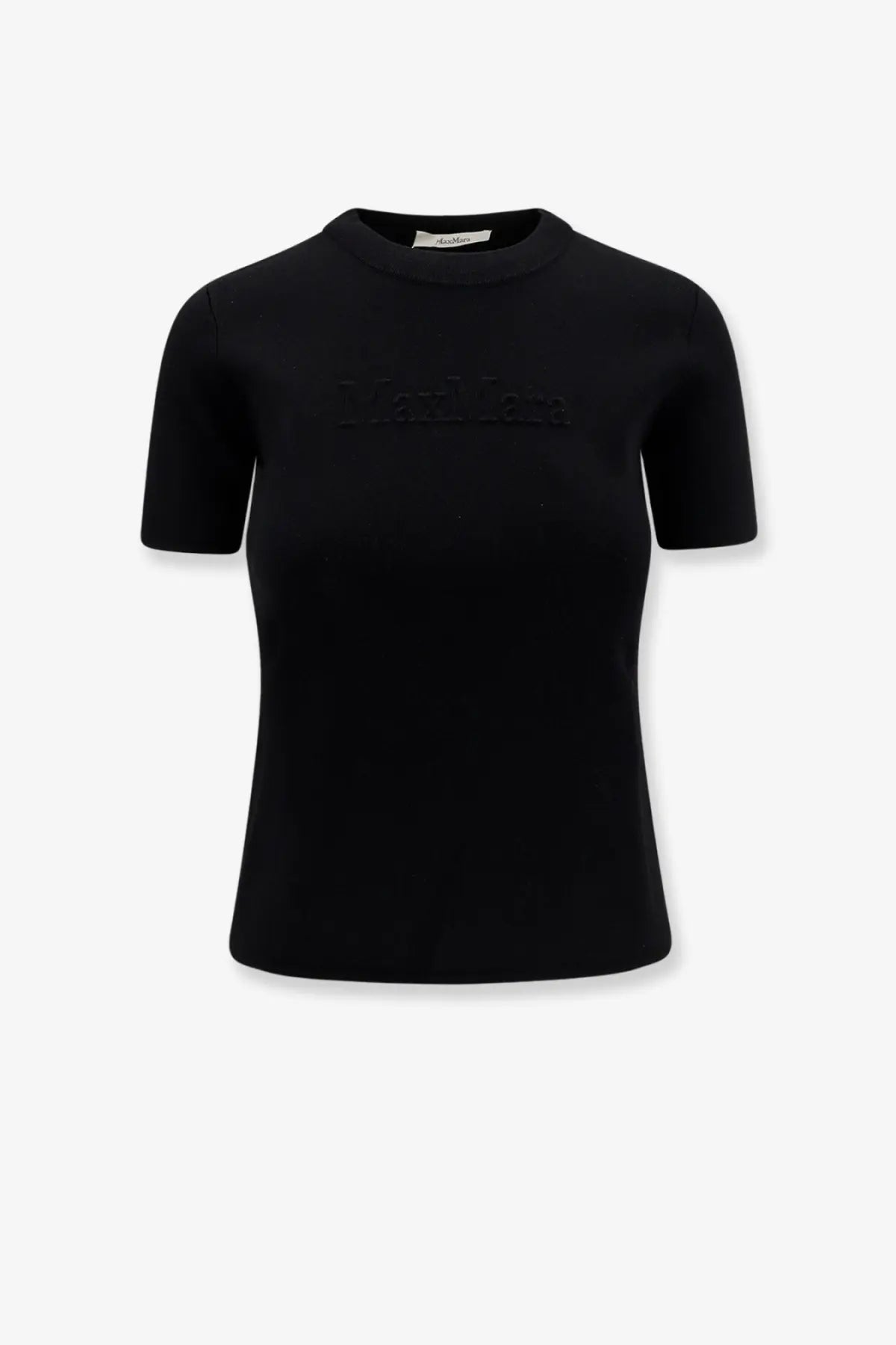 Max Mara women’s Adelio black short-sleeved viscose blend t-shirt with subtle raised Marlboro logo on chest