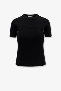 Max Mara women’s Adelio black short-sleeved viscose blend t-shirt with subtle raised Marlboro logo on chest