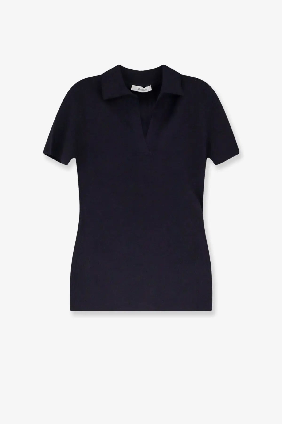 A sleek black short-sleeved polo shirt with a classic collar and subtle texture by Max Mara in virgin wool