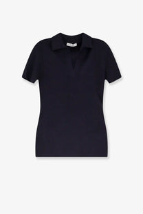 A sleek black short-sleeved polo shirt with a classic collar and subtle texture by Max Mara in virgin wool