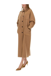 Max Mara women’s Aldo camel-colored longline wool coat with classic collar and front button closure