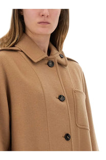 Max Mara women’s Aldo camel-colored wool coat with structured collar and dark round buttons in beige