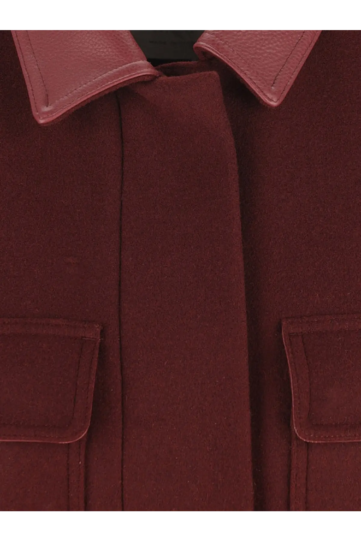 Max Mara women’s red alpaca and cashmere sleeveless coat with rich burgundy wool, leather collar, and flap pockets