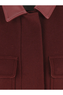 Max Mara women’s red alpaca and cashmere sleeveless coat with rich burgundy wool, leather collar, and flap pockets