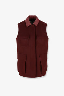 Max mara women’s alpaca and cashmere sleeveless coat in rich burgundy wool with structured collar and four patch pockets