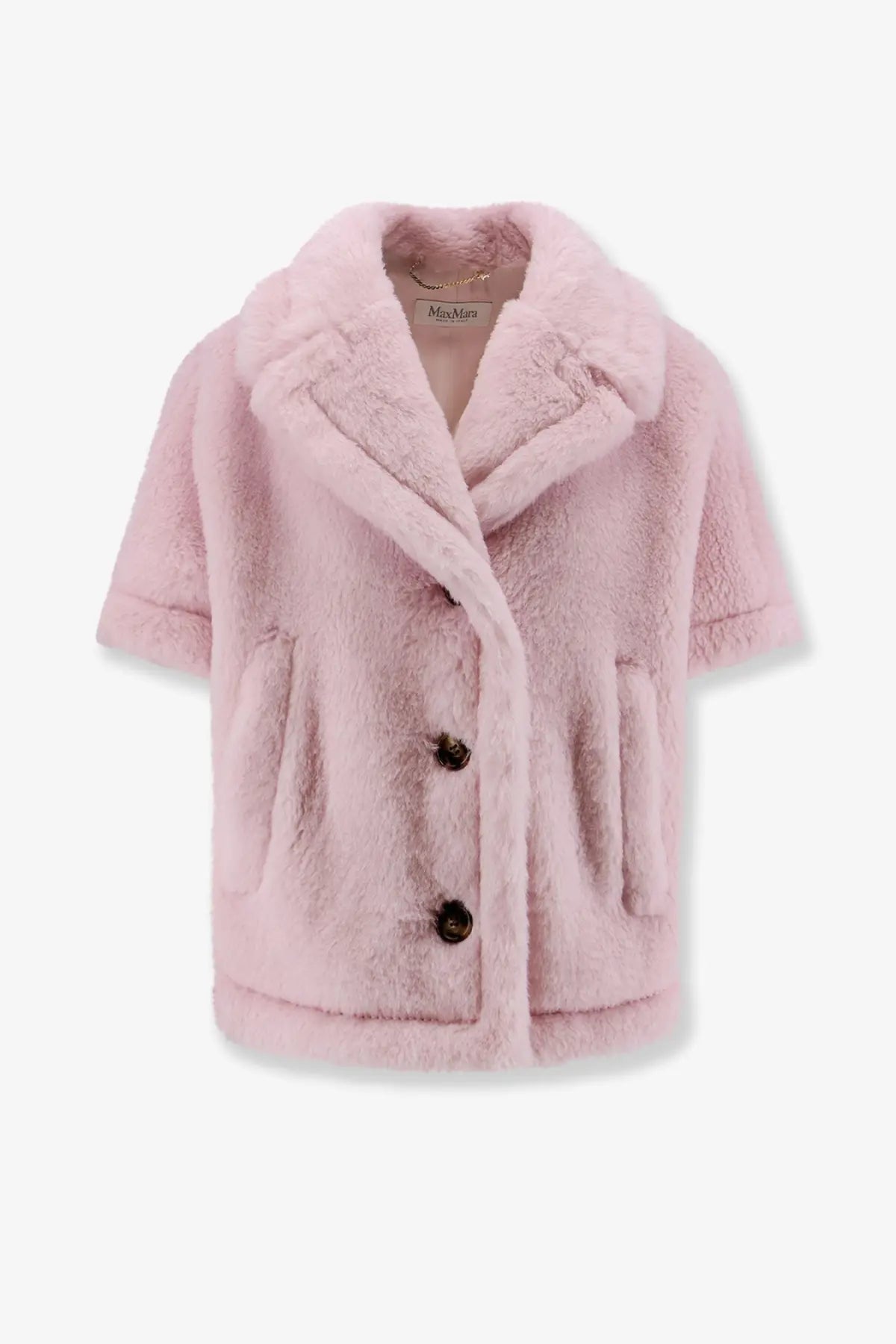 Max Mara women’s beige alpaca and virgin wool fur cape with soft pink faux fur short coat style plush collar and buttons