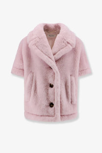 Max Mara women’s beige alpaca and virgin wool fur cape with soft pink faux fur short coat style plush collar and buttons