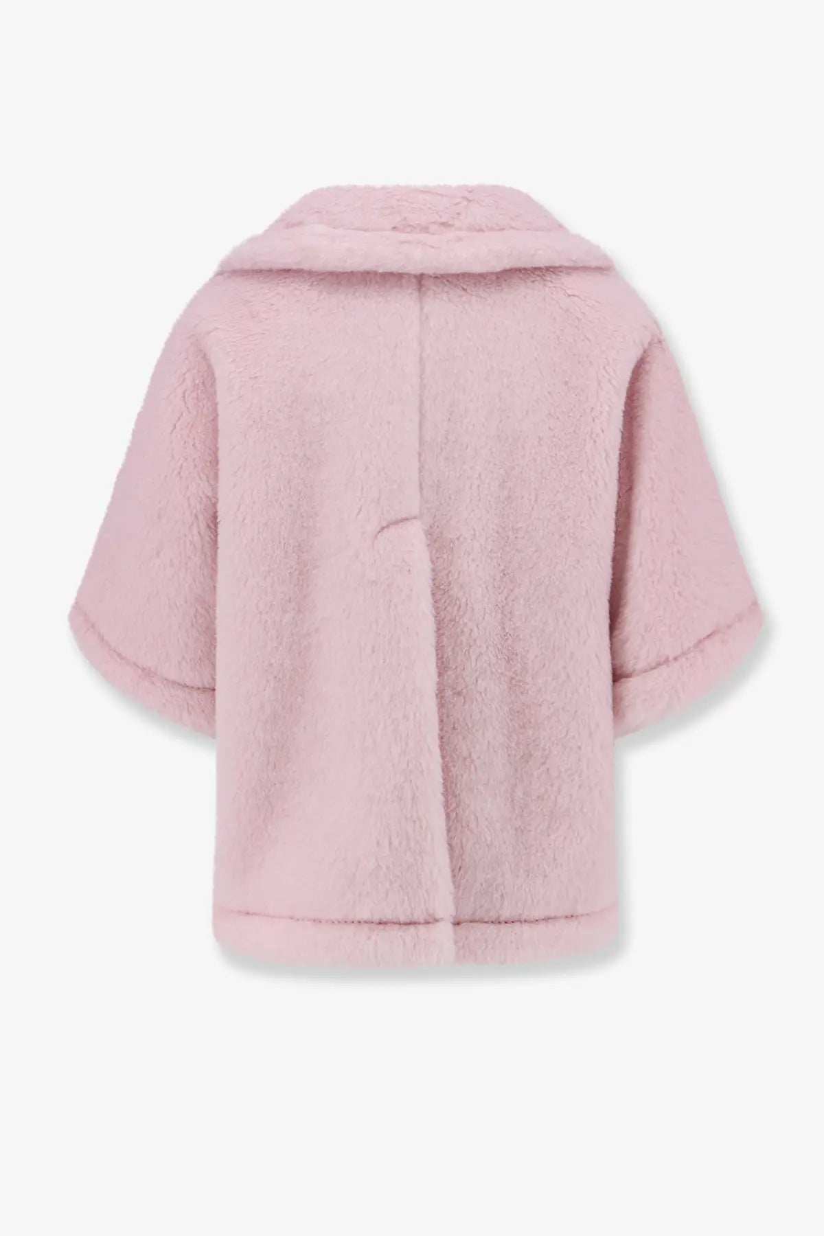 Max mara women’s beige alpaca and virgin wool fur cape with a soft pink faux fur coat and classic collar visible