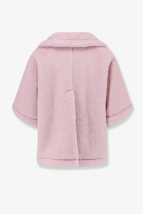 Max mara women’s beige alpaca and virgin wool fur cape with a soft pink faux fur coat and classic collar visible