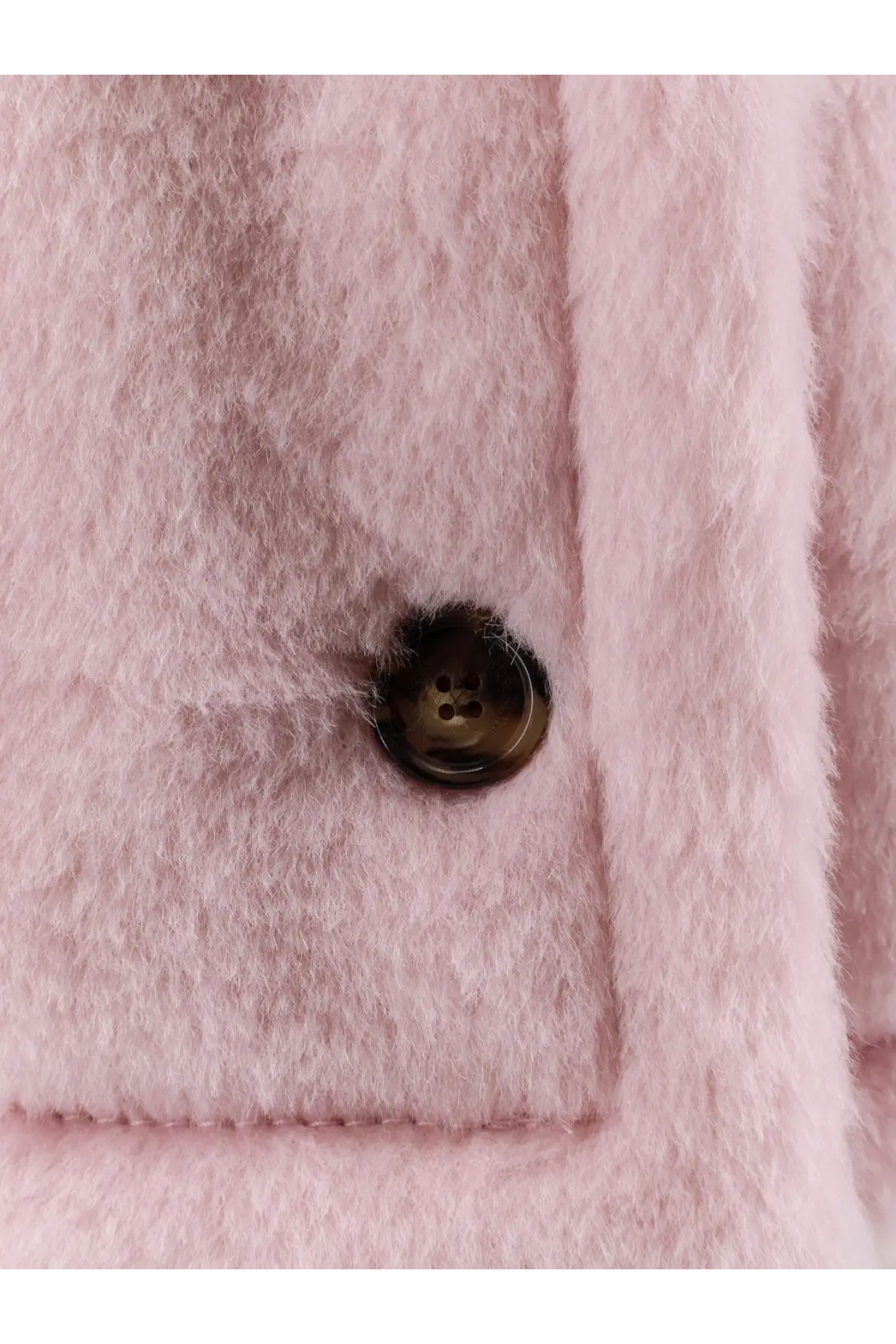 Max mara women’s alpaca and virgin wool fur cape beige shown as a soft pink fluffy wool coat with dark brown button