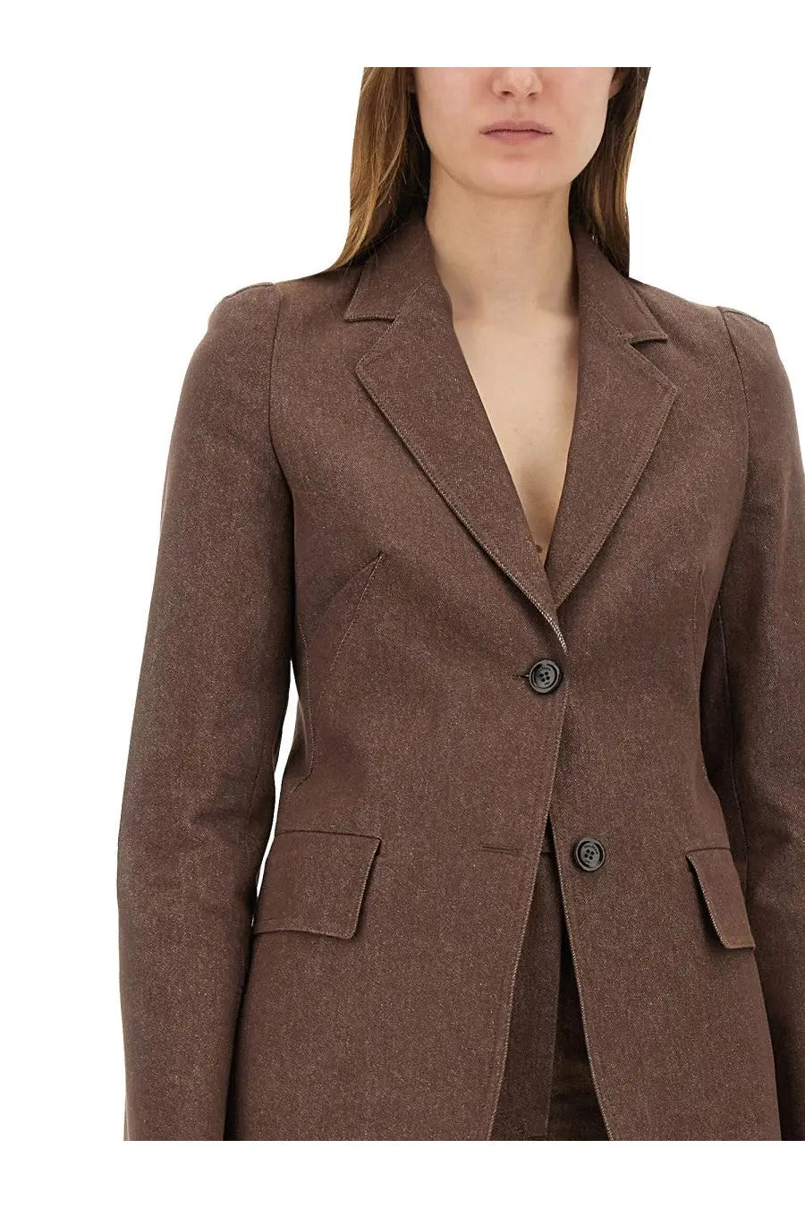 Max mara women’s ambush brown blazer with textured fabric notched lapels and two front buttons for formal wear