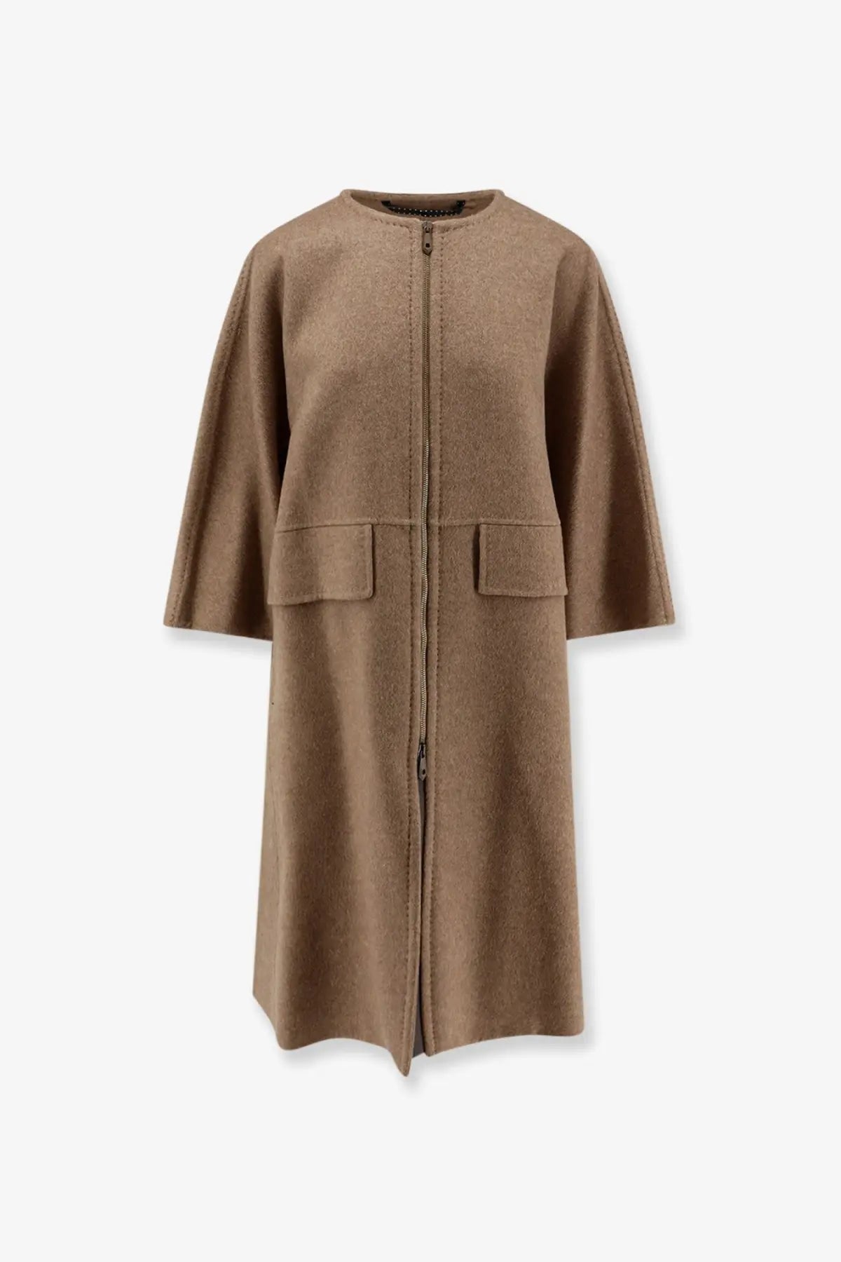 Max Mara women’s amour cashmere coat beige camel color with a straight cut and two front patch pockets