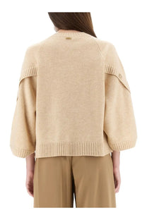Max Mara women’s ampex shirt beige knit cardigan with ribbed cuffs hem wide shoulders and subtle textured pattern