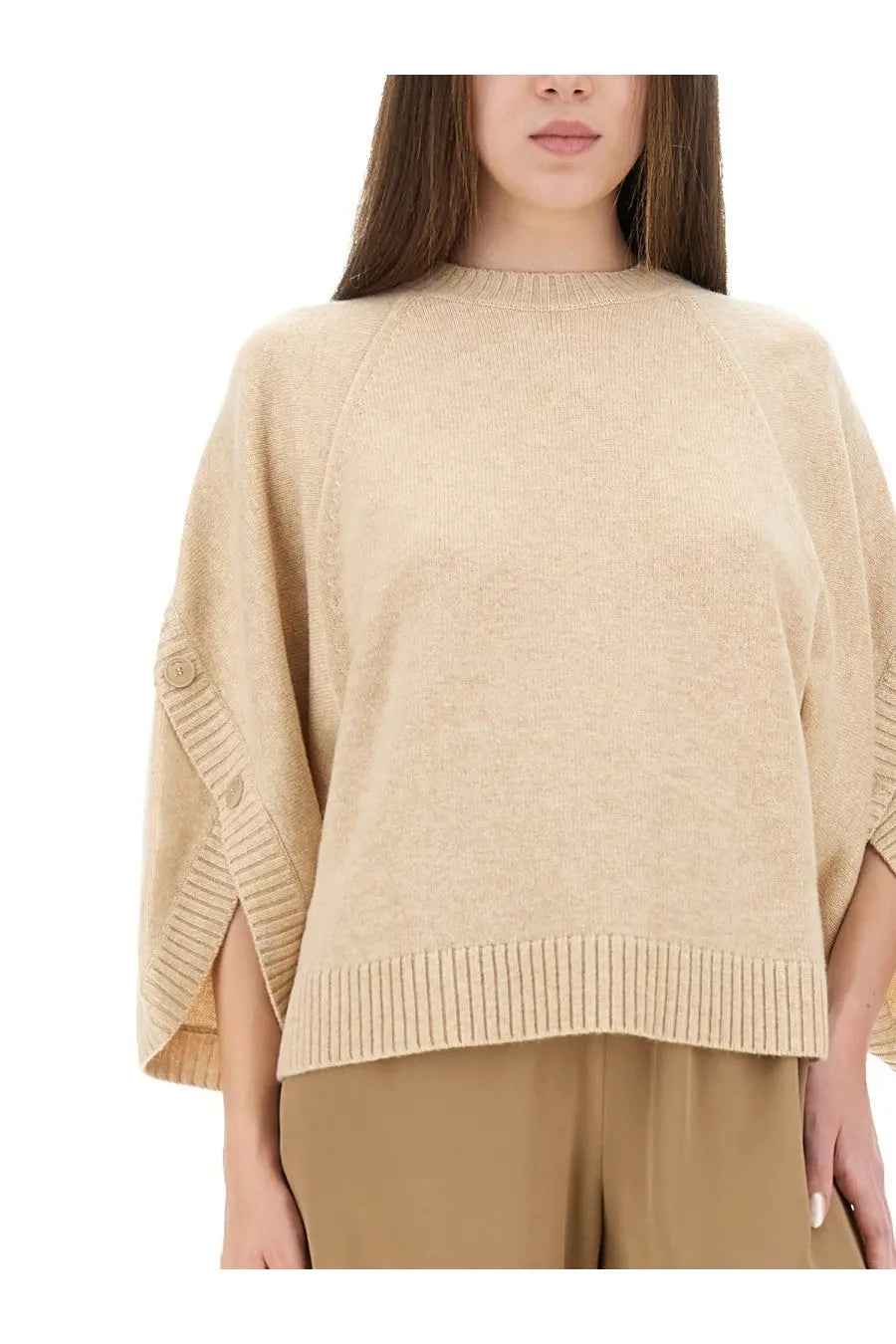 Max mara women’s ampex beige knit poncho sweater with ribbed cuffs hem and buttoned sleeve details