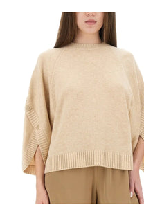 Max mara women’s ampex beige knit poncho sweater with ribbed cuffs hem and buttoned sleeve details